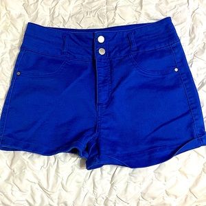 high waisted, blue shorts. has two buttons.